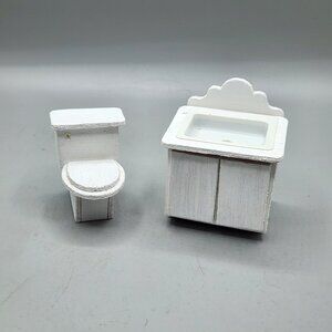 Miniature Wooden Dollhouse Furniture Bathroom Sink Toilet White